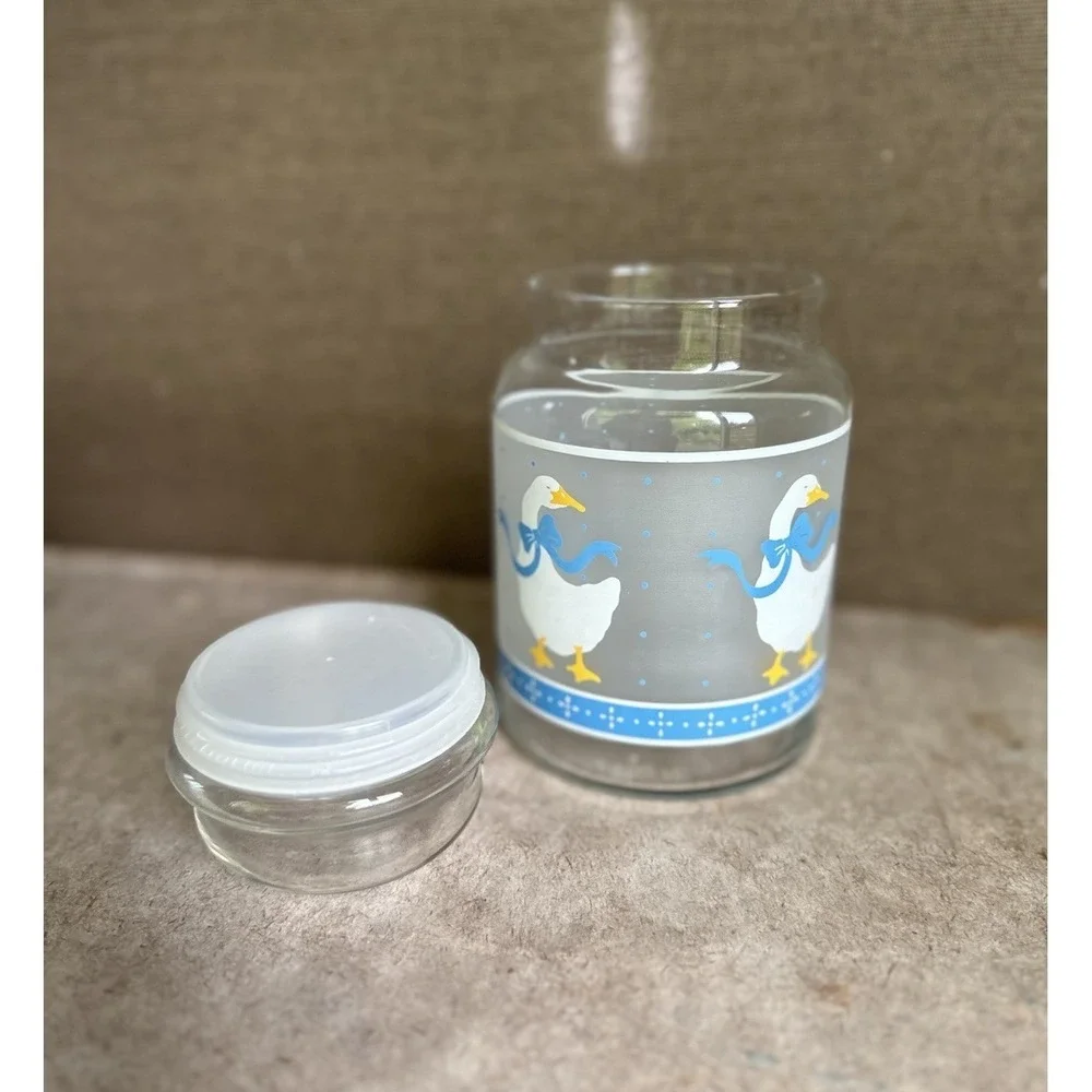 Vtg Storage Canister Jar Libbey Glass Goose with Blue Ribbon Frosted 7